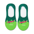 Pair of Mountain Dew no-show socks in green and lime green. The Mountain Dew logo is prominently displayed with flame-like accents.