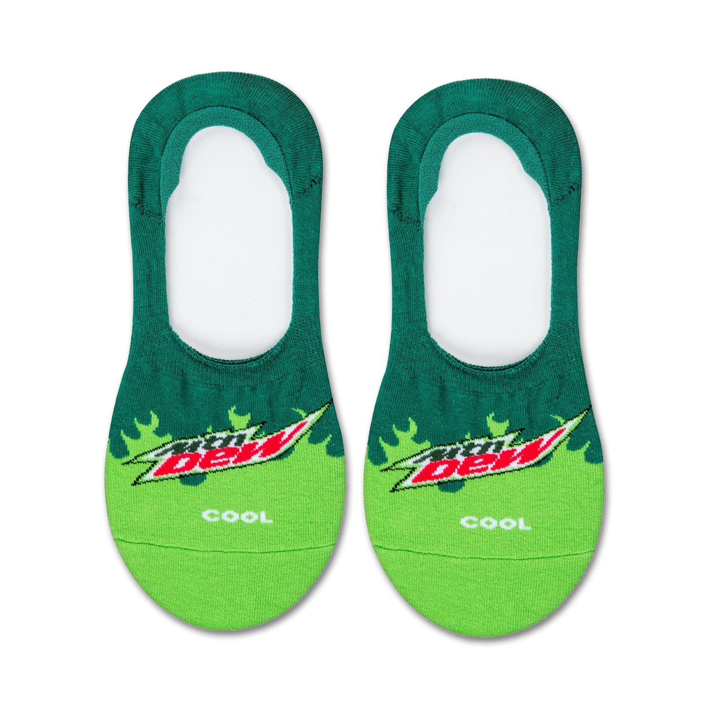 Pair of Mountain Dew no-show socks in green and lime green. The Mountain Dew logo is prominently displayed with flame-like accents.