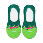 Pair of Mountain Dew no-show socks in green and lime green. The Mountain Dew logo is prominently displayed with flame-like accents.