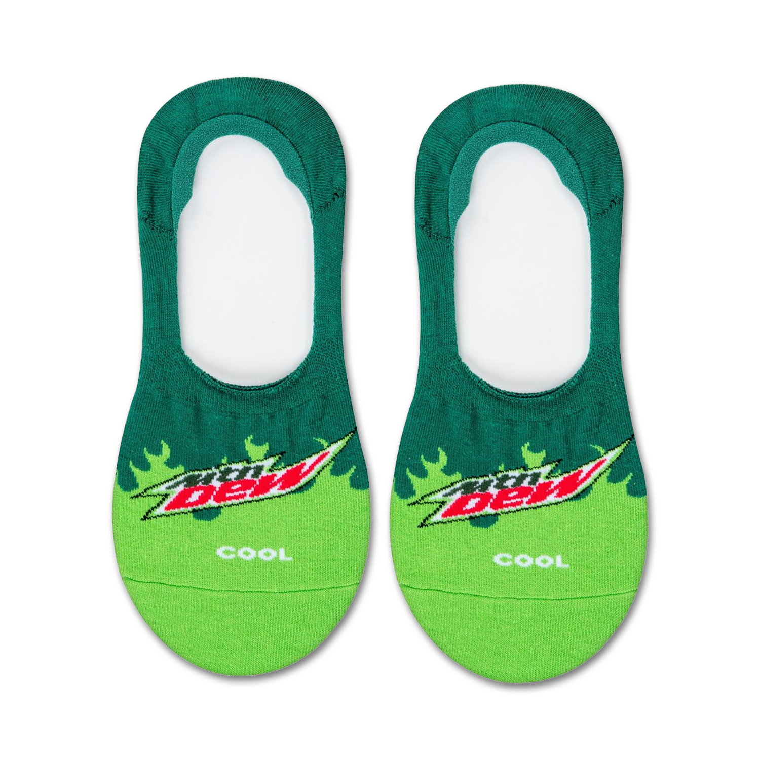 Pair of Mountain Dew no-show socks in green and lime green. The Mountain Dew logo is prominently displayed with flame-like accents.