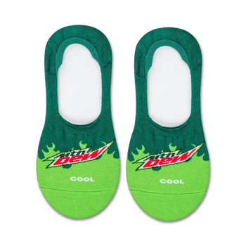 women's mountain dew liner socks in dark green with yellow, red flames, and mountain dew logo.  