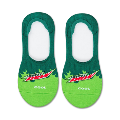 women's mountain dew liner socks in dark green with yellow, red flames, and mountain dew logo.  