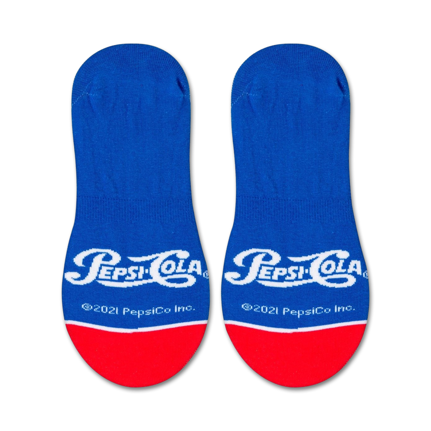 Close-up product shot showcasing the Pepsi-Cola logo and red and blue color scheme on the no-show socks.