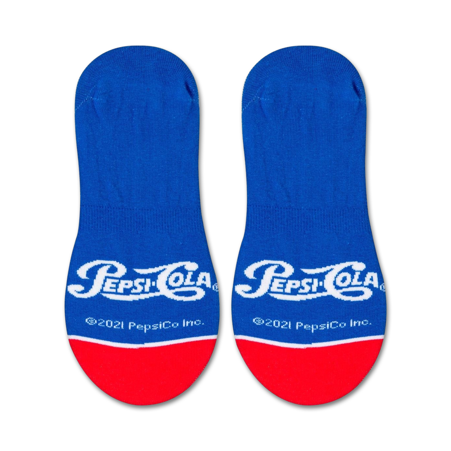 Close-up product shot showcasing the Pepsi-Cola logo and red and blue color scheme on the no-show socks.