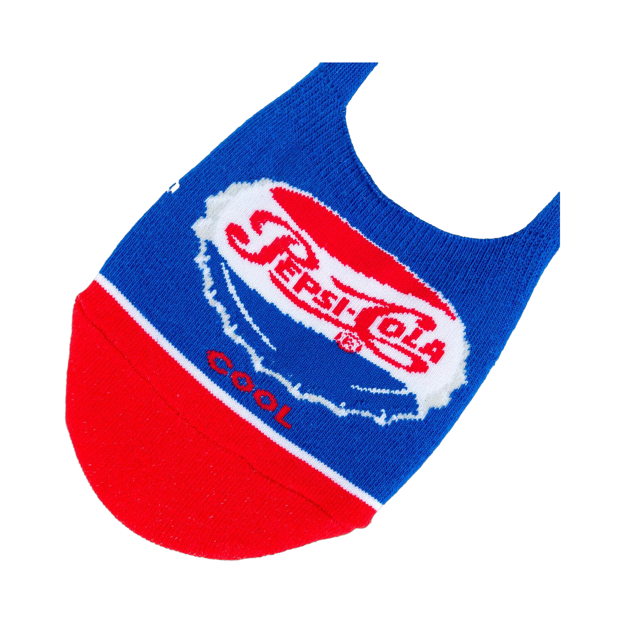 Lifestyle shot of the Pepsi-Cola no-show socks on a person's feet, showing how they look when worn.