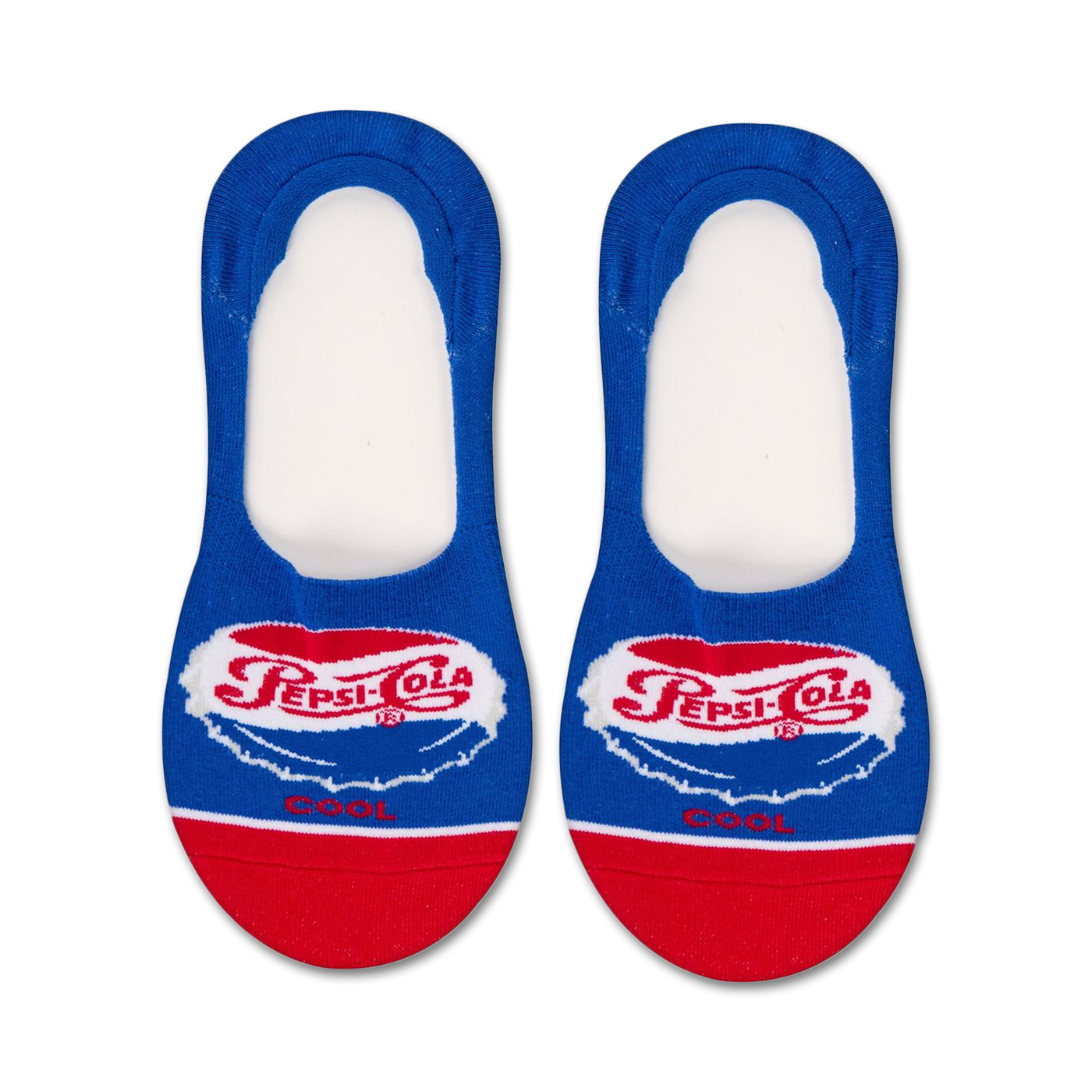 Pair of blue and red Pepsi-Cola no-show socks.  The socks feature the Pepsi logo and 'Cool' text.