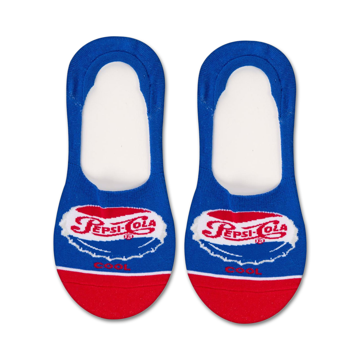Pair of blue and red Pepsi-Cola no-show socks.  The socks feature the Pepsi logo and 'Cool' text.
