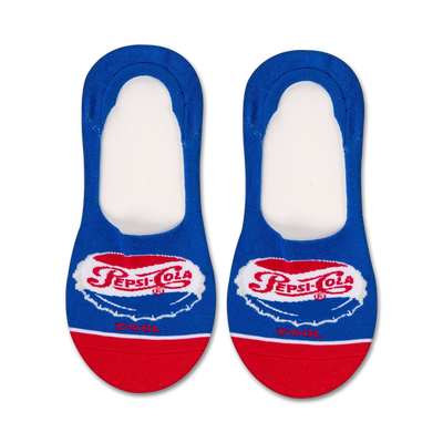 blue women's pepsi liner socks with cherry red toe and heel and white script pepsi-cola logo and the word "cool".   