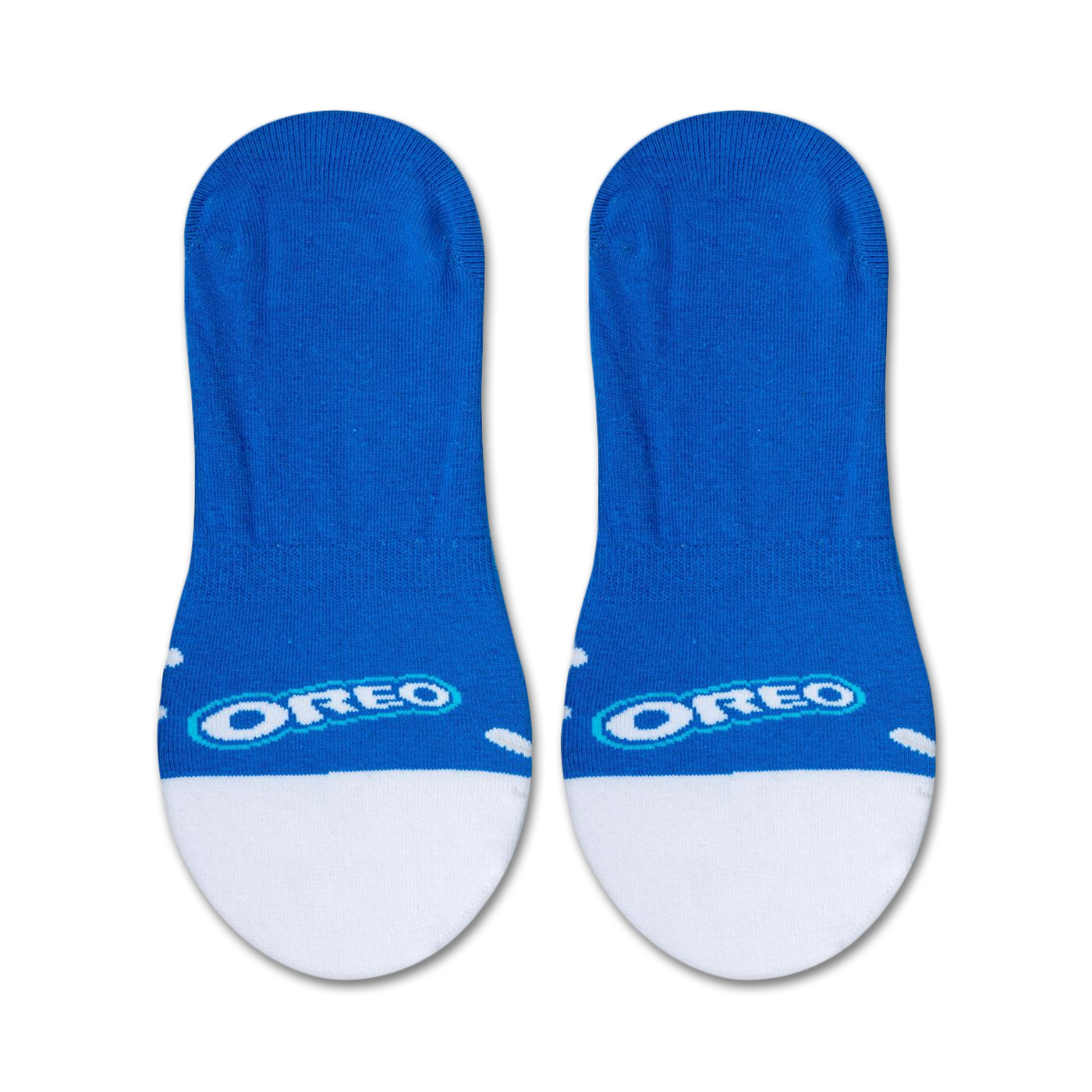 Product shot showcasing a pair of Oreo-themed no-show socks on a white background.