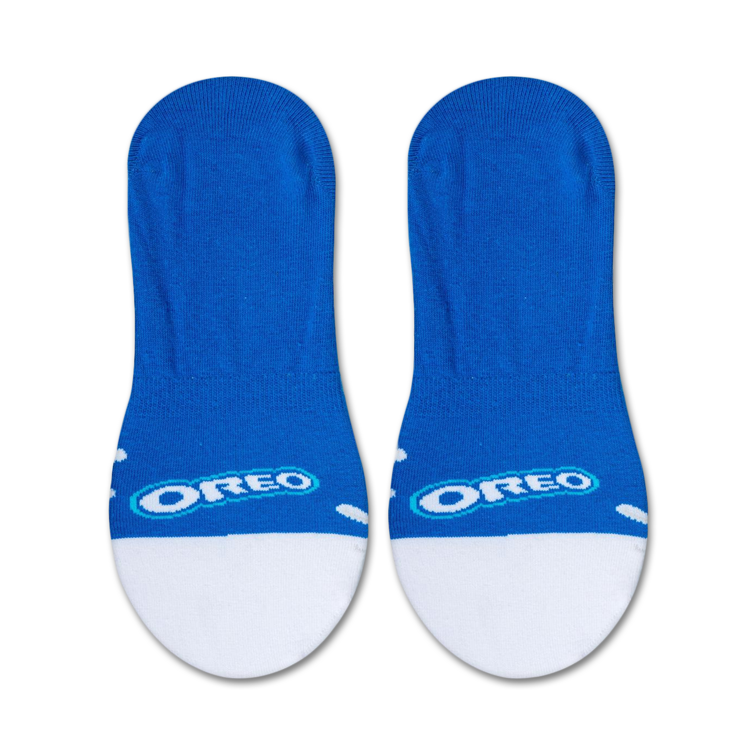 Product shot showcasing a pair of Oreo-themed no-show socks on a white background.