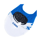 Close-up detail shot of an Oreo-designed no-show sock, highlighting the cookie graphic and 'Cool' text.