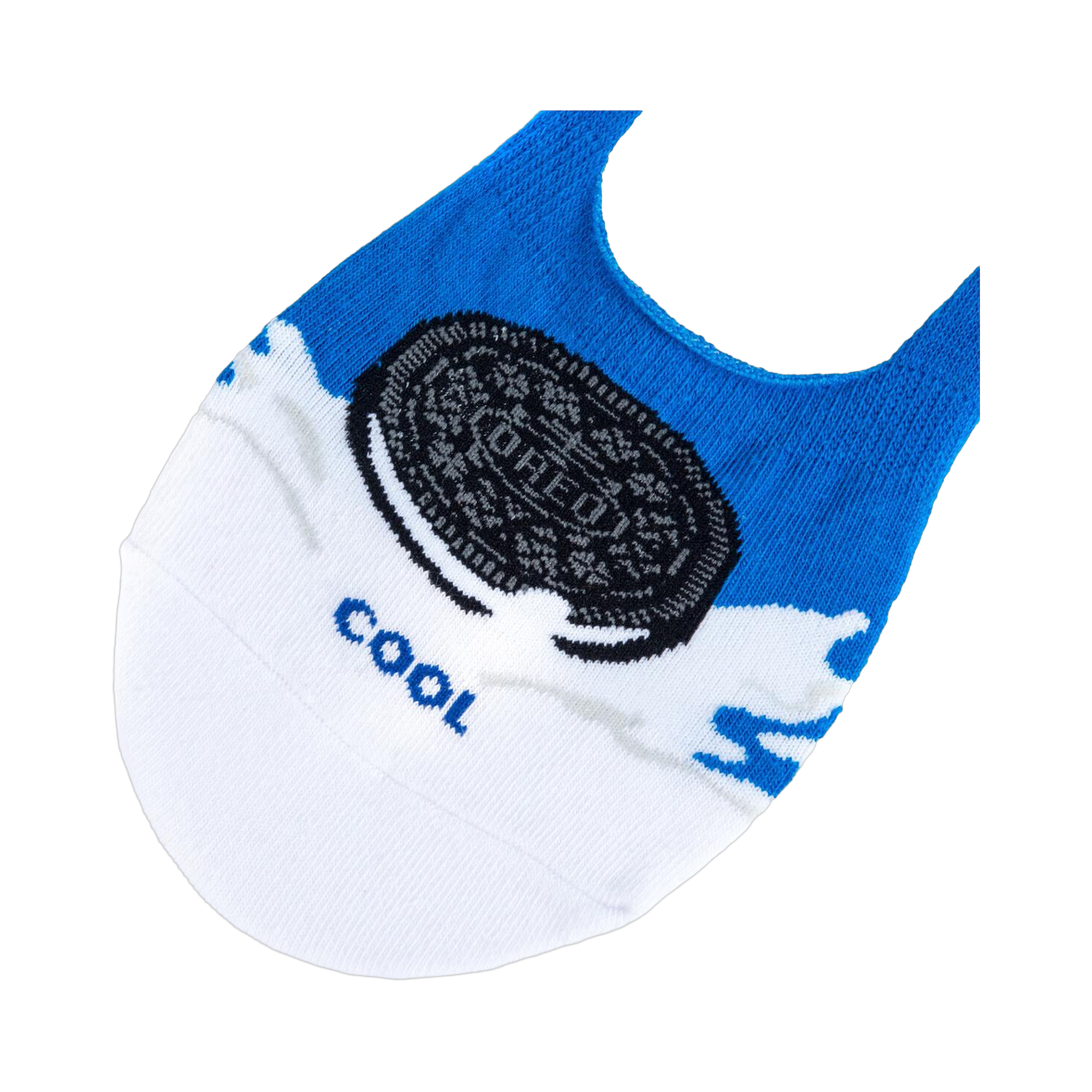 Close-up detail shot of an Oreo-designed no-show sock, highlighting the cookie graphic and 'Cool' text.