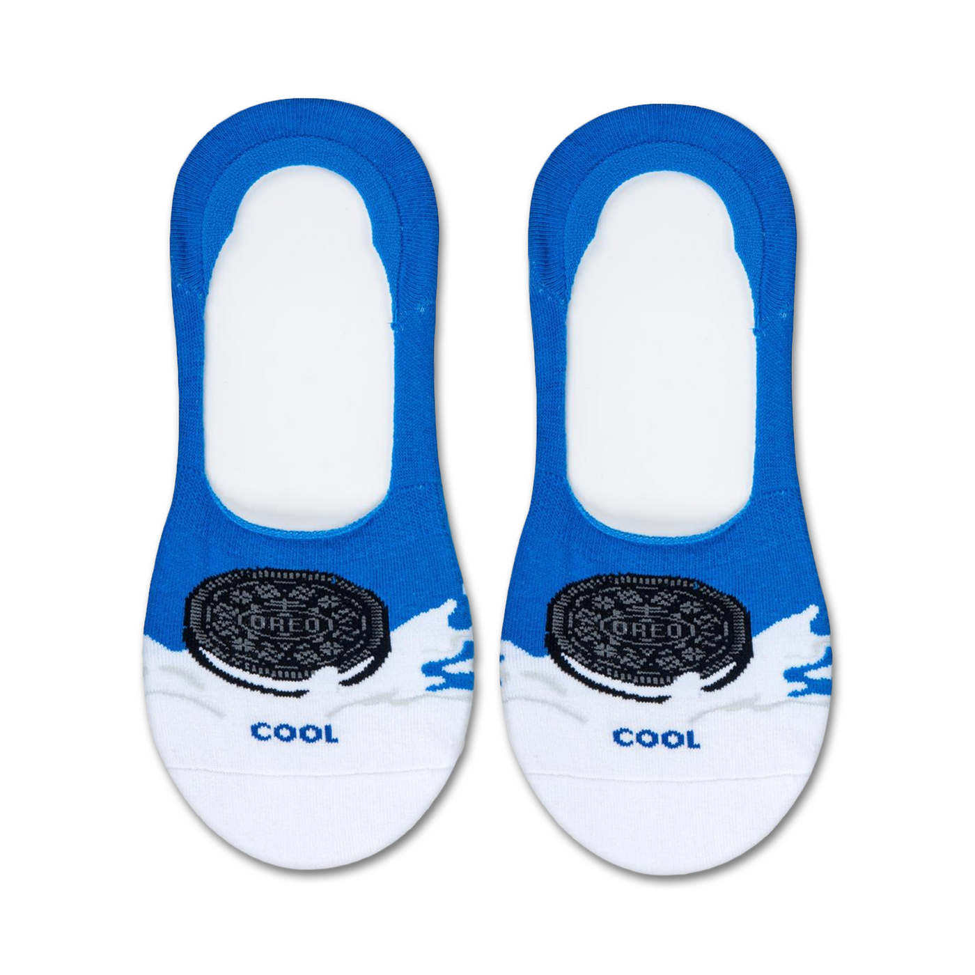 Pair of blue and white no-show socks with an Oreo cookie design and 'Cool' text. 