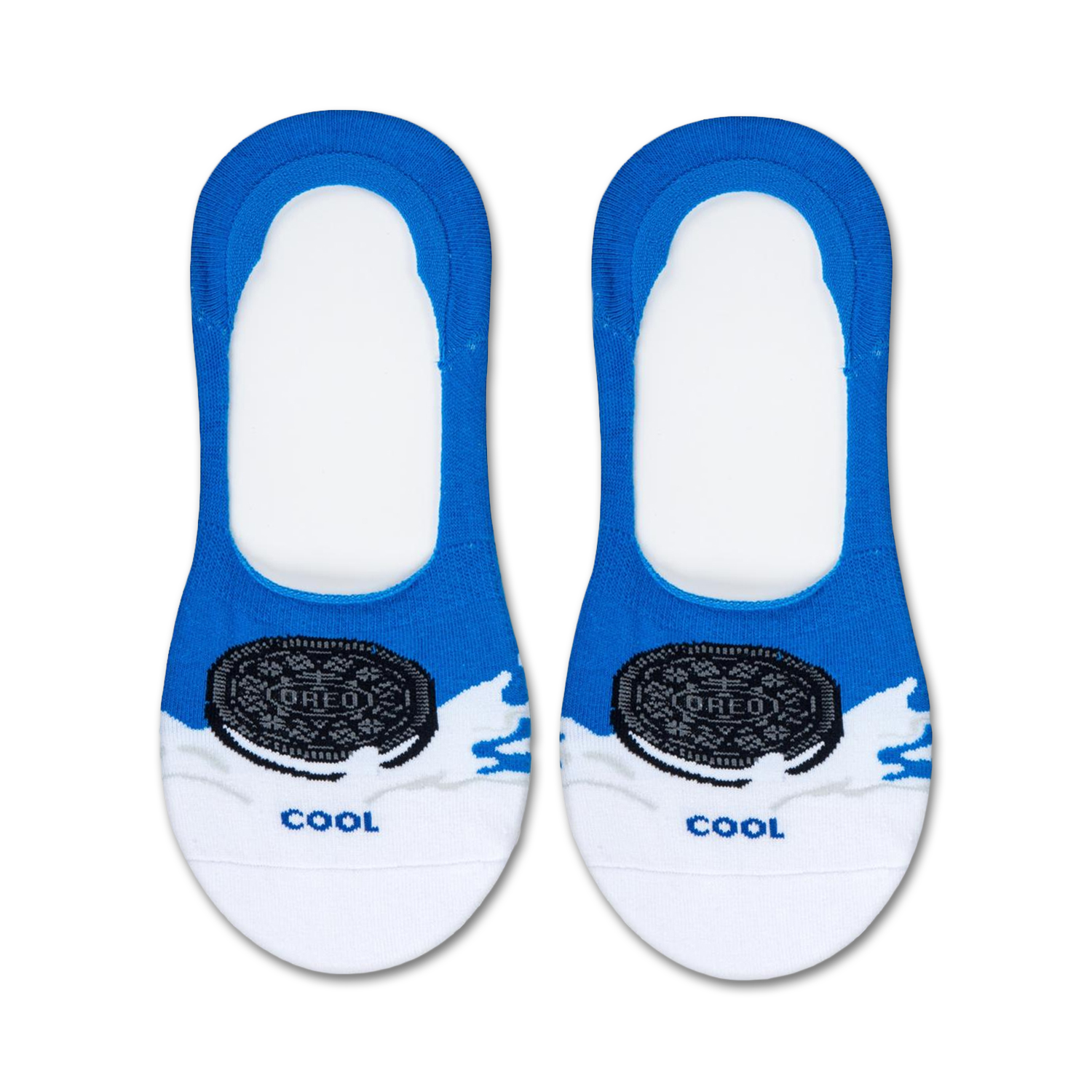Pair of blue and white no-show socks with an Oreo cookie design and 'Cool' text. 