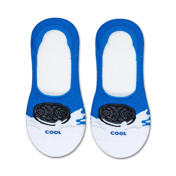 blue socks designed with an oreo cookie and milk splash graphic on the toe area, intended for women and suitable for wearing with any type of shoe.