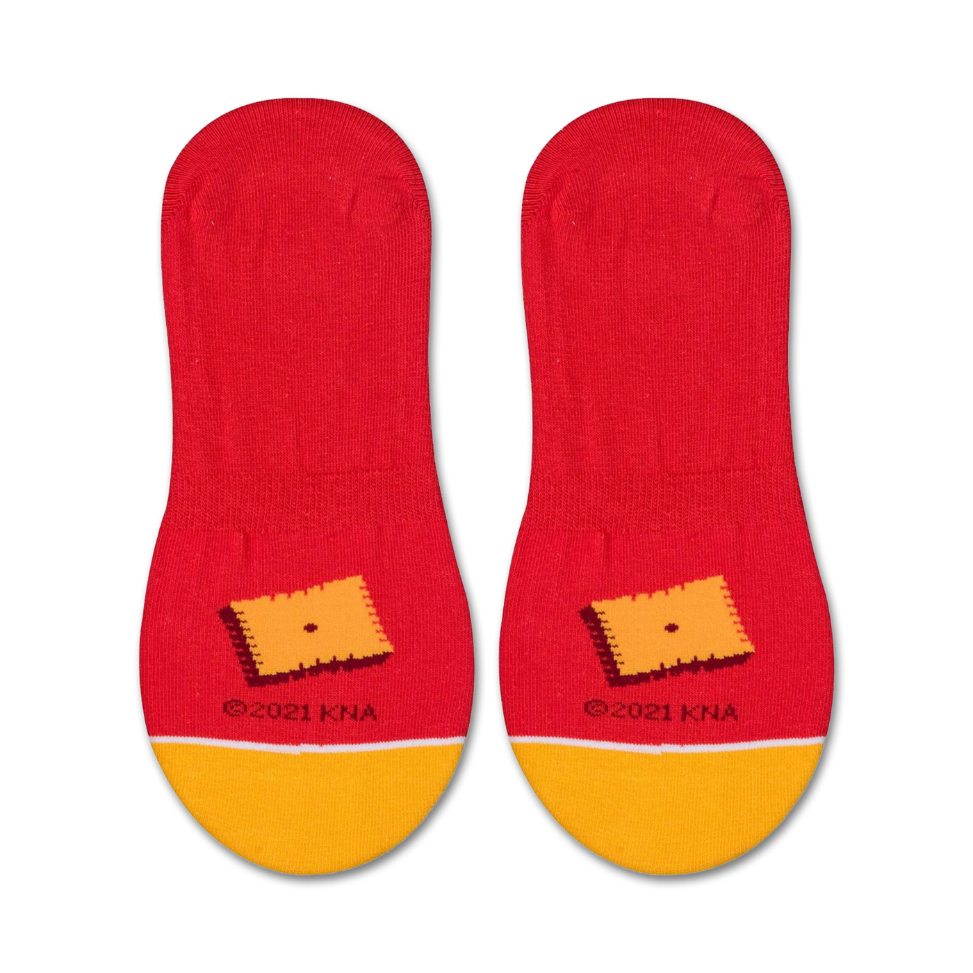 Close-up view of the sole of the Cheez-It no-show socks, showcasing a small graphic of a Cheez-It cracker.