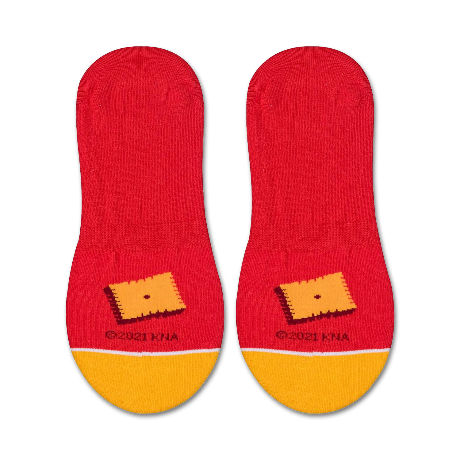 Close-up view of the sole of the Cheez-It no-show socks, showcasing a small graphic of a Cheez-It cracker.