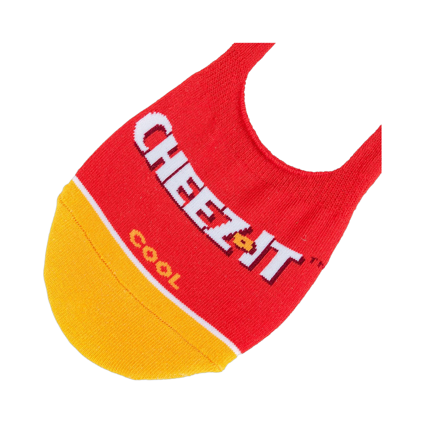 Lifestyle shot of the Cheez-It no-show socks on a neutral background, focusing on the sock's color and design.
