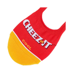 Lifestyle shot of the Cheez-It no-show socks on a neutral background, focusing on the sock's color and design.