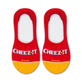 Pair of red and gold no-show socks with the Cheez-It logo. The socks have a yellow band at the bottom and a small Cheez-It cracker image on the sole.