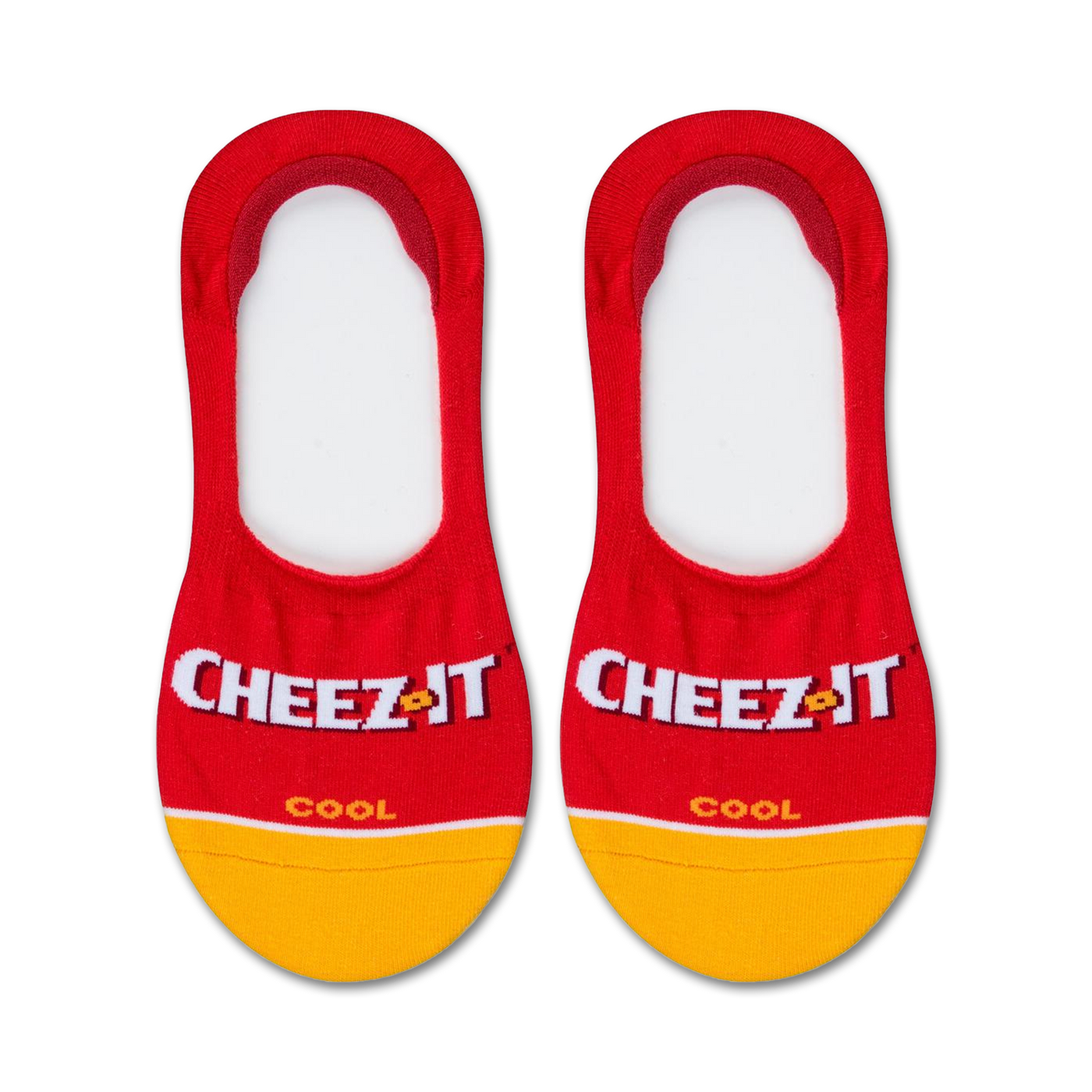 Pair of red and gold no-show socks with the Cheez-It logo. The socks have a yellow band at the bottom and a small Cheez-It cracker image on the sole.
