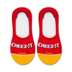 Pair of red and gold no-show socks with the Cheez-It logo. The socks have a yellow band at the bottom and a small Cheez-It cracker image on the sole.