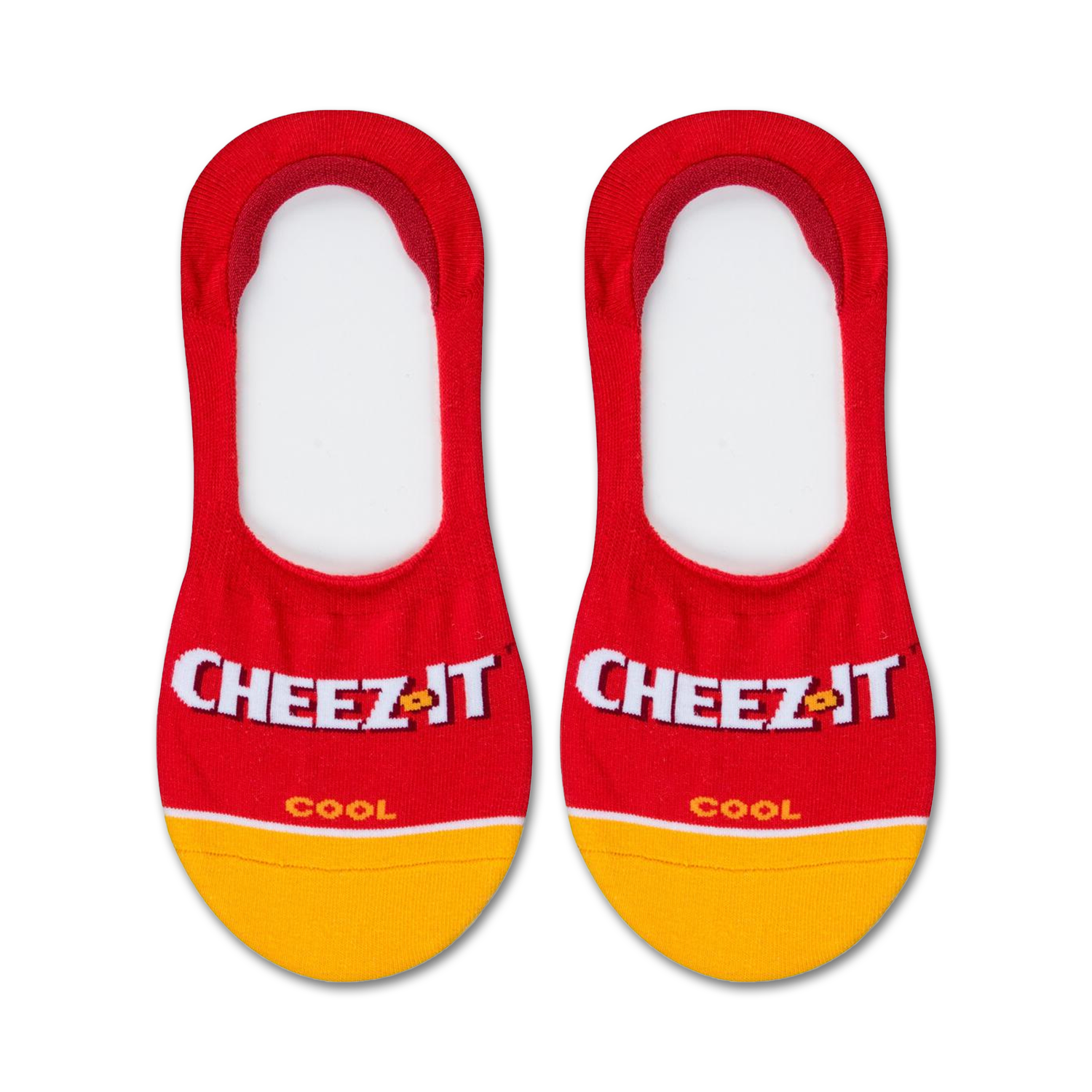 Pair of red and gold no-show socks with the Cheez-It logo. The socks have a yellow band at the bottom and a small Cheez-It cracker image on the sole.