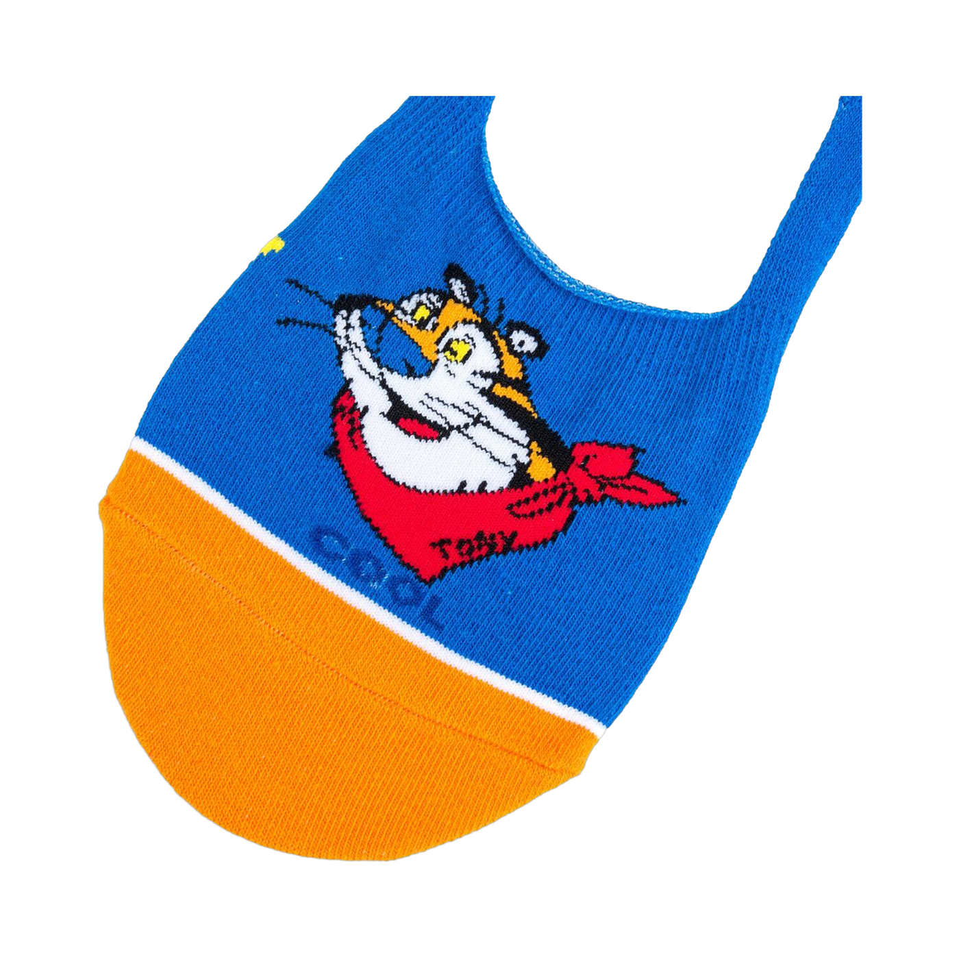 Close-up of a single Frosted Flakes Tony the Tiger no-show sock, showcasing the detail of the tiger's face and the red bandana.