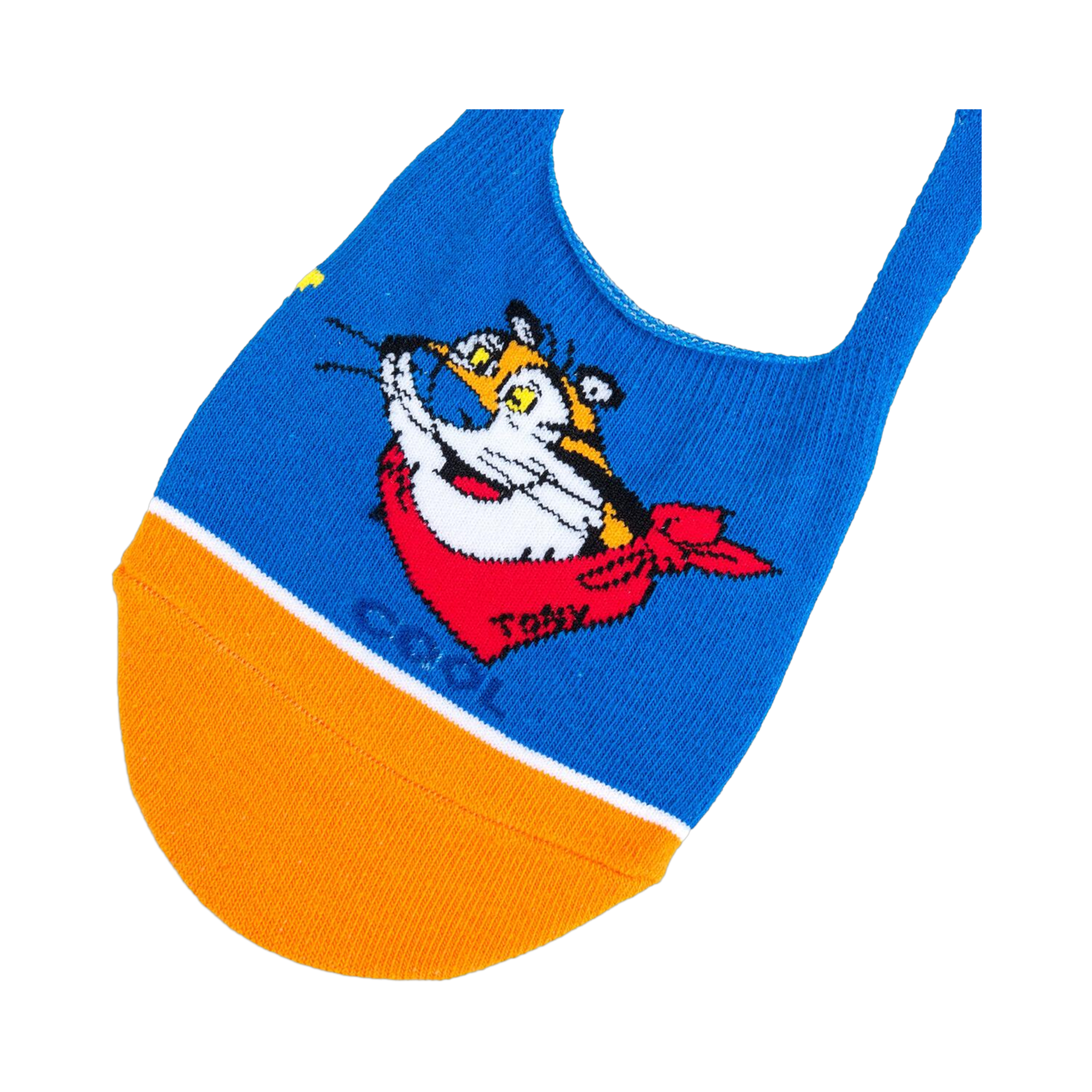 Close-up of a single Frosted Flakes Tony the Tiger no-show sock, showcasing the detail of the tiger's face and the red bandana.