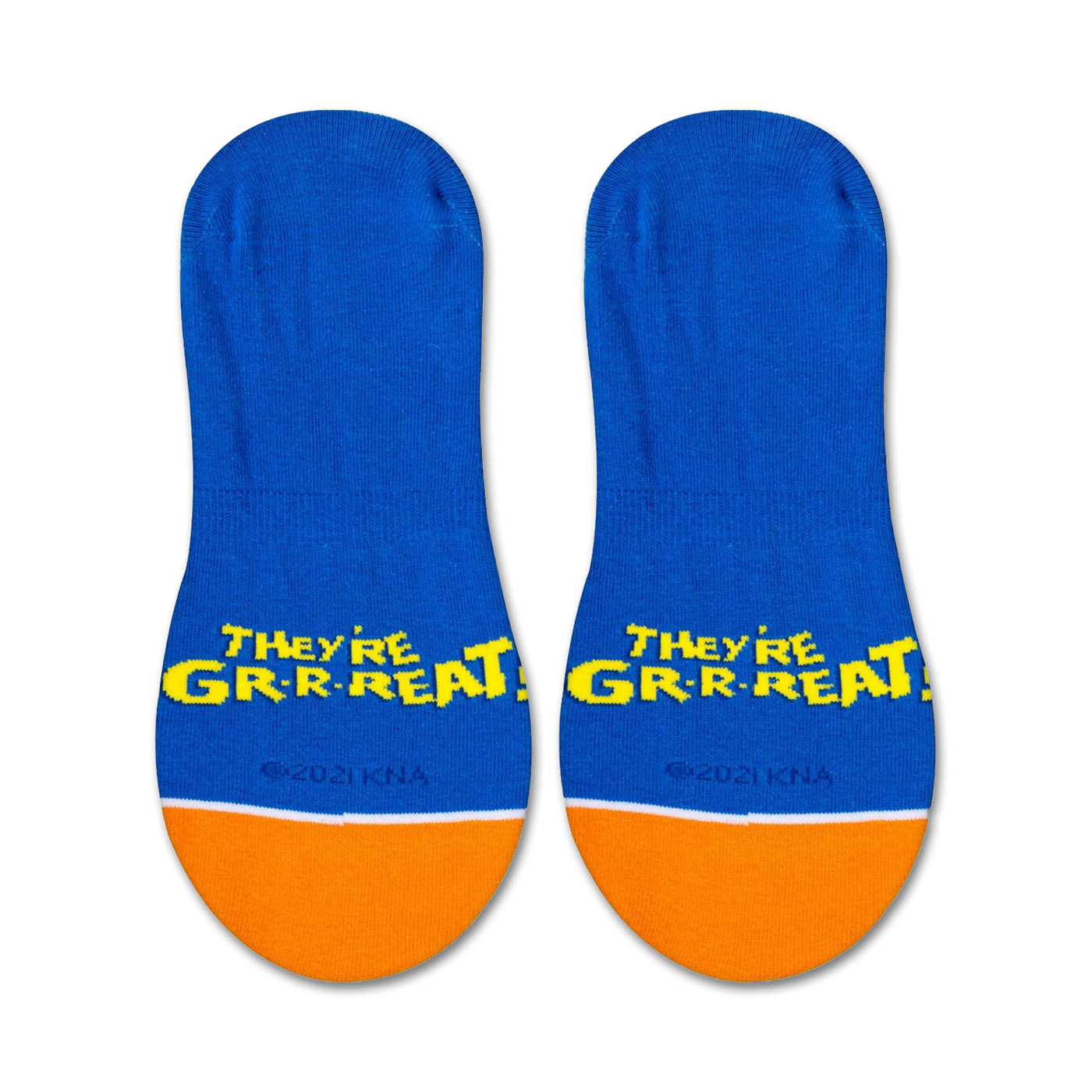 Product shot showing a pair of Frosted Flakes Tony the Tiger no-show socks with 'They're GR-R-REAT!' text on them.