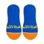 Product shot showing a pair of Frosted Flakes Tony the Tiger no-show socks with 'They're GR-R-REAT!' text on them.