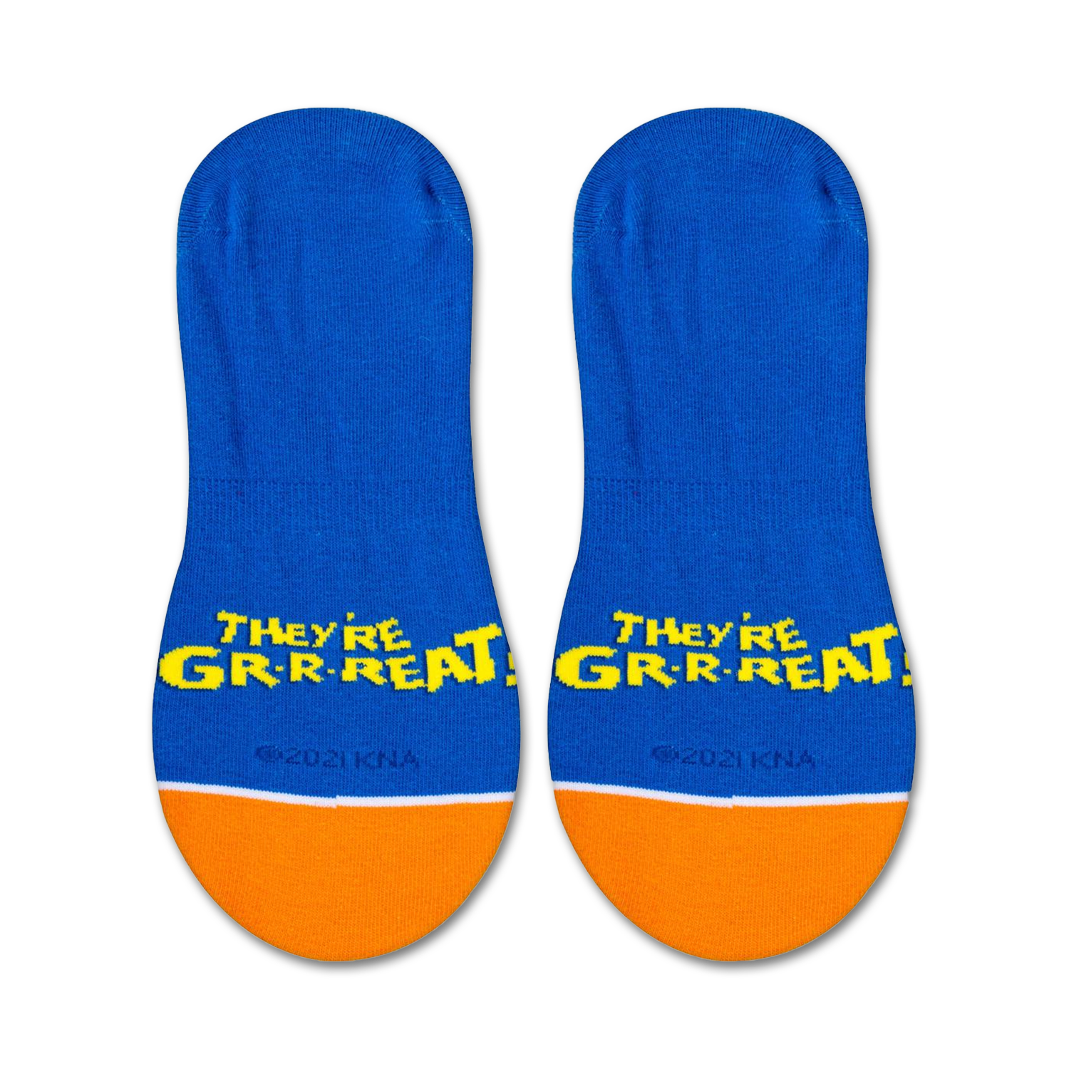 Product shot showing a pair of Frosted Flakes Tony the Tiger no-show socks with 'They're GR-R-REAT!' text on them.