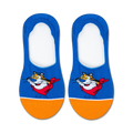 Pair of blue and orange no-show socks featuring Tony the Tiger. The socks have an orange heel and toe, with Tony's face on the blue part.