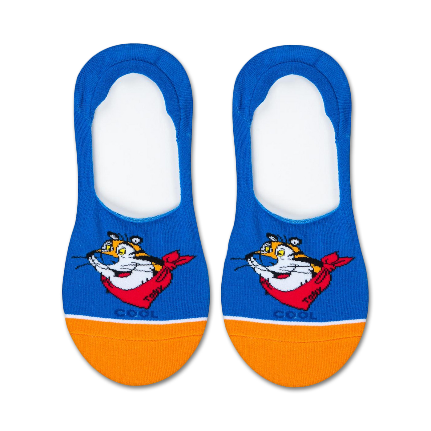 Pair of blue and orange no-show socks featuring Tony the Tiger. The socks have an orange heel and toe, with Tony's face on the blue part.
