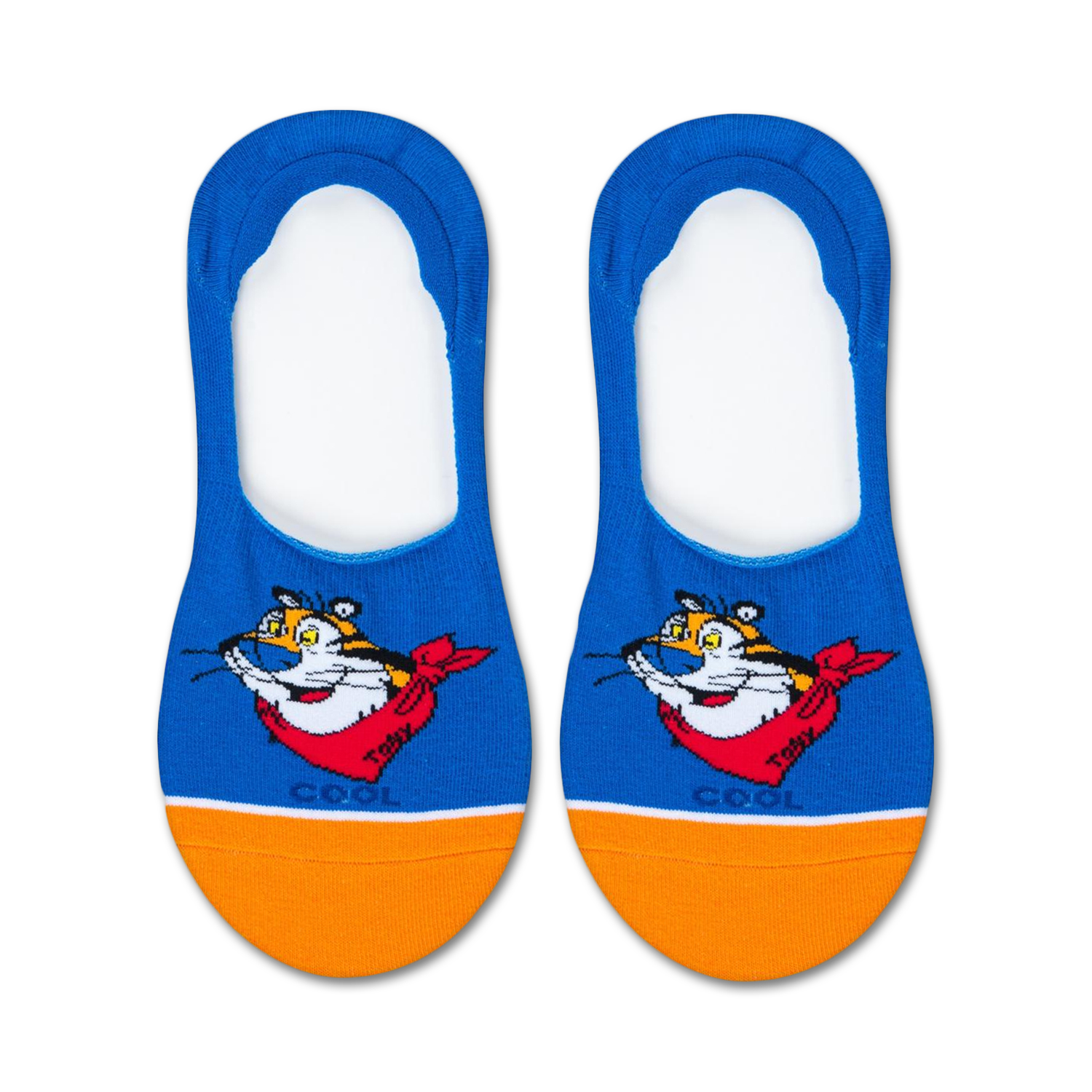 Pair of blue and orange no-show socks featuring Tony the Tiger. The socks have an orange heel and toe, with Tony's face on the blue part.