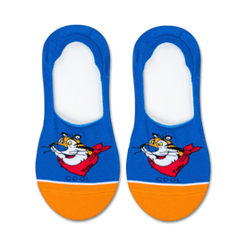 womens frosted flakes tony the tiger blue liner socks feature cartoon character image from cereal brand.   