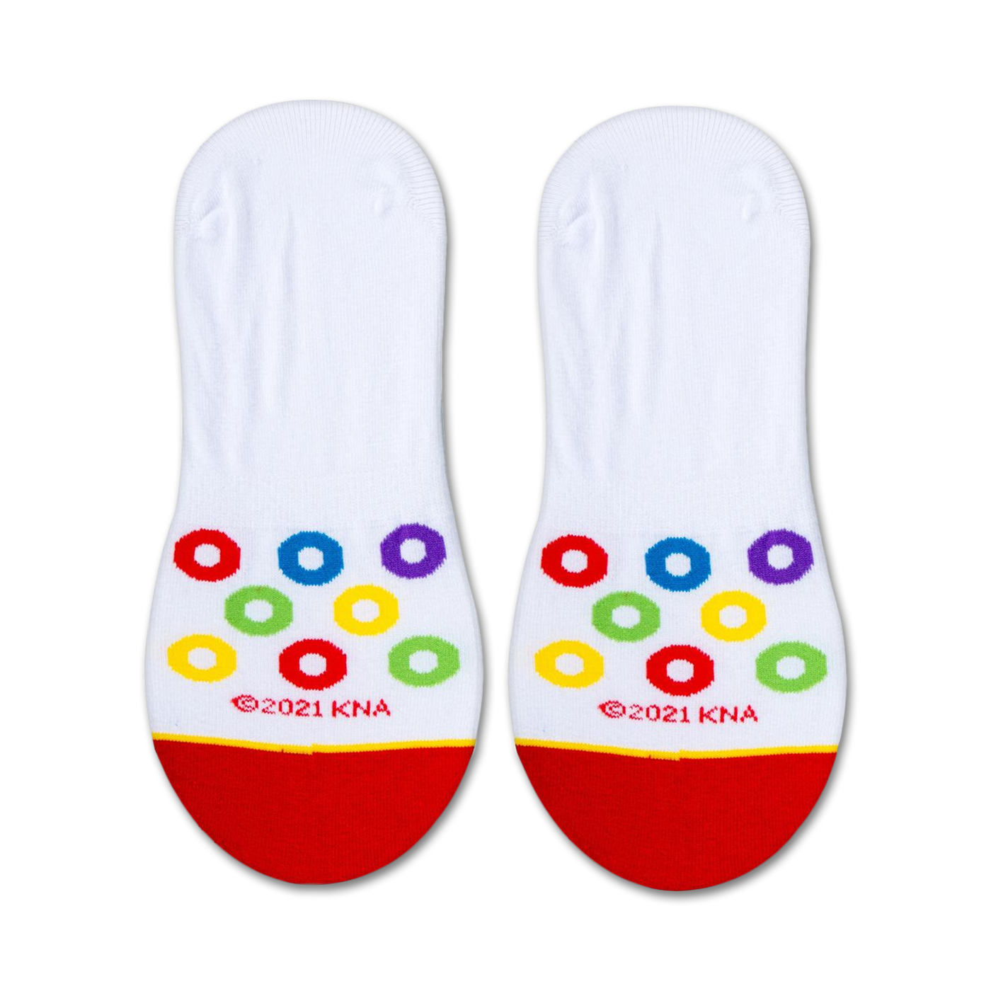 Close-up shot of a single Froot Loops no-show sock showcasing the colorful Froot Loops cereal pieces on the sole.