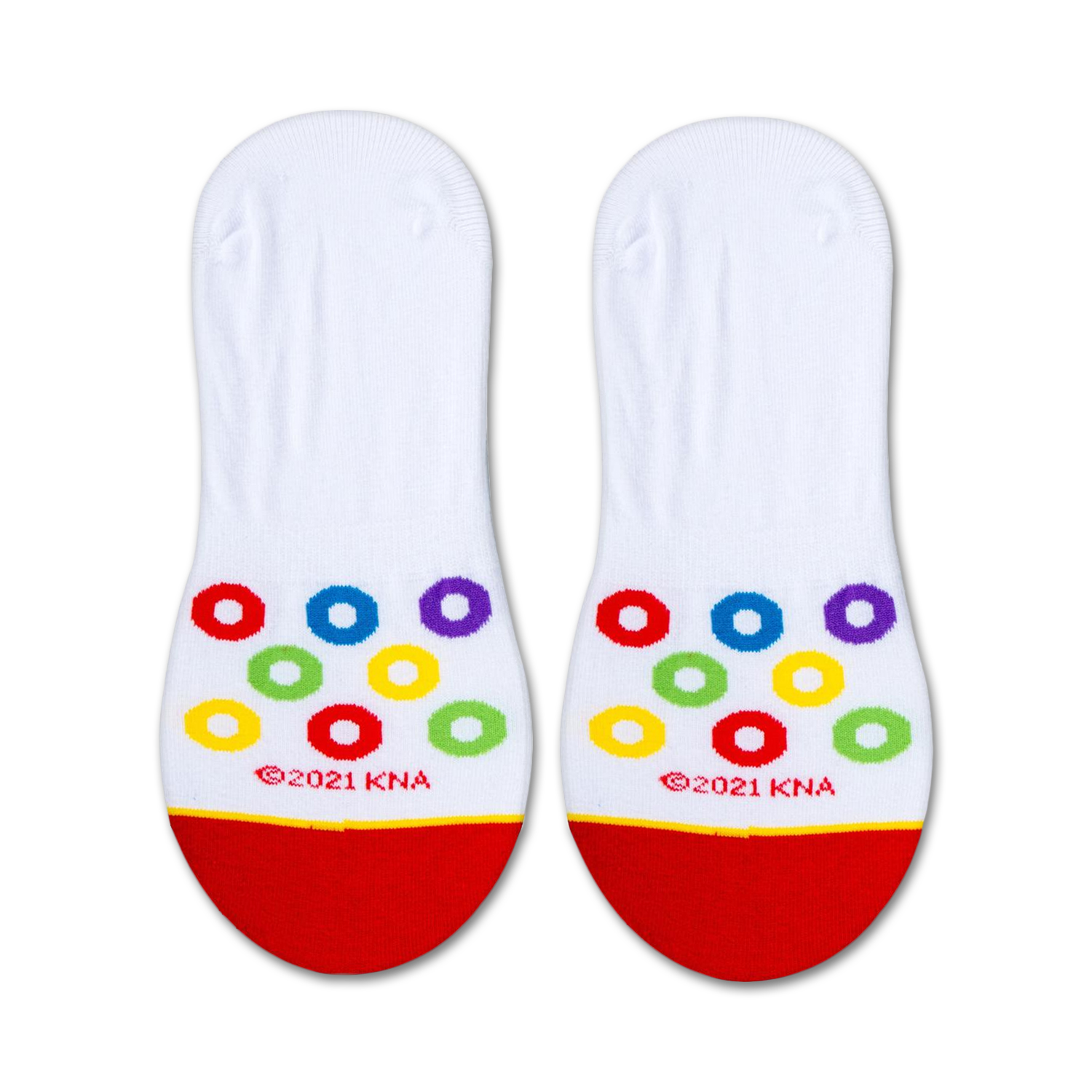 Close-up shot of a single Froot Loops no-show sock showcasing the colorful Froot Loops cereal pieces on the sole.