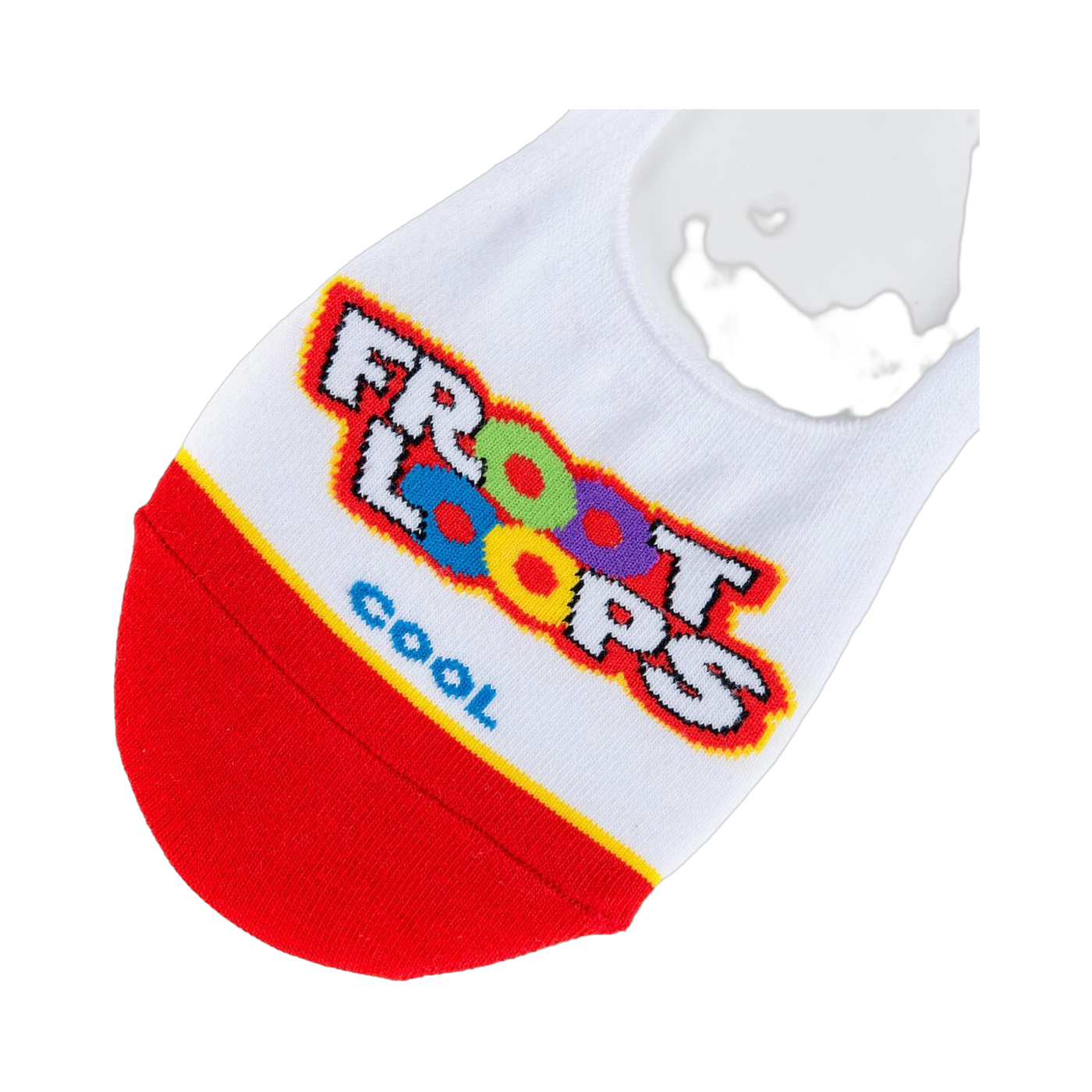 Lifestyle product shot of a pair of Froot Loops no-show socks on a white background.