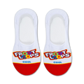 Pair of white no-show socks with a red heel and Froot Loops logo. Multicolored Froot Loops cereal pieces are featured in the design.