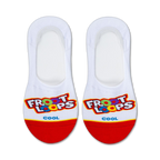 Pair of white no-show socks with a red heel and Froot Loops logo. Multicolored Froot Loops cereal pieces are featured in the design.