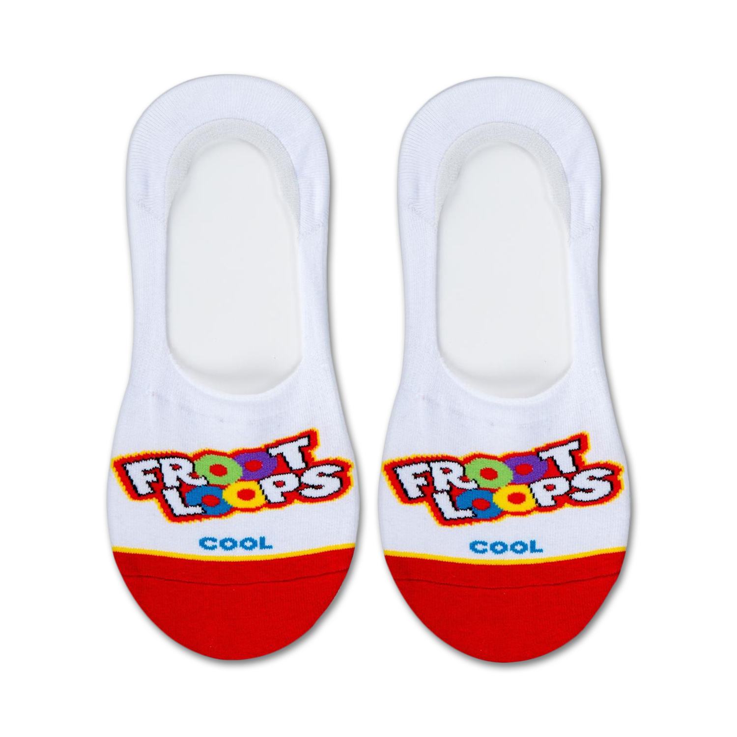 Pair of white no-show socks with a red heel and Froot Loops logo. Multicolored Froot Loops cereal pieces are featured in the design.