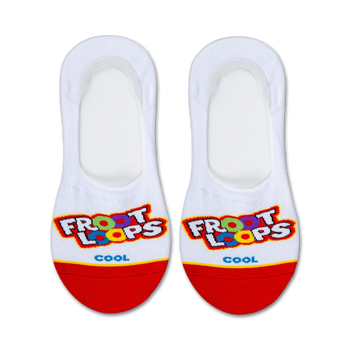 white socks with red heel and toe featuring froot loops cereal design; liner length; women's size.   
