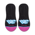 Product shot of Pop-Tarts branded no-show socks showcasing the logo on a black background with pink accents.