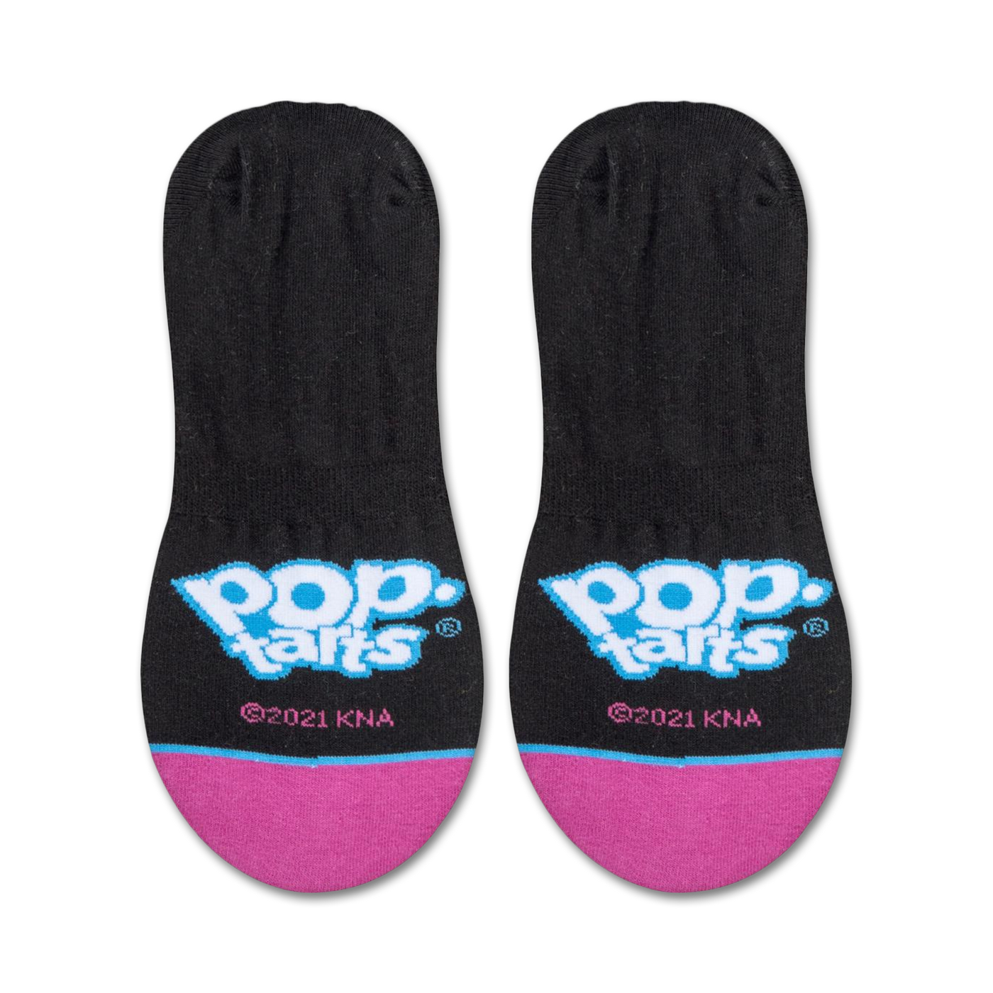 Product shot of Pop-Tarts branded no-show socks showcasing the logo on a black background with pink accents.
