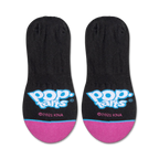 Product shot of Pop-Tarts branded no-show socks showcasing the logo on a black background with pink accents.