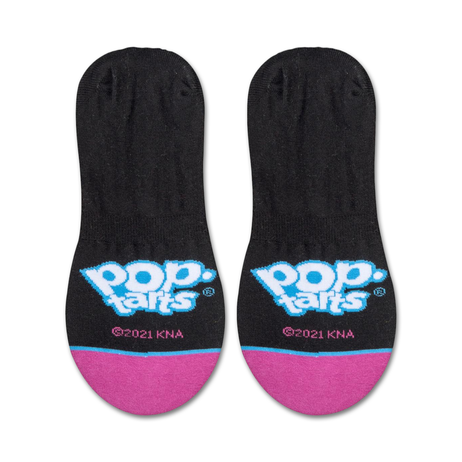Product shot of Pop-Tarts branded no-show socks showcasing the logo on a black background with pink accents.