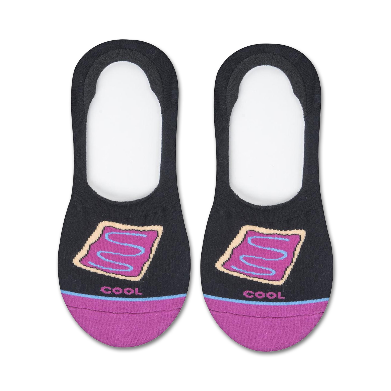 Pair of black no-show socks with a Pop-Tarts design.  Features pink and light blue accents.
