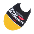 Close-up of the heel of a black and gold Top Ramen no-show sock, showcasing the logo and detail.