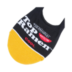 Close-up of the heel of a black and gold Top Ramen no-show sock, showcasing the logo and detail.